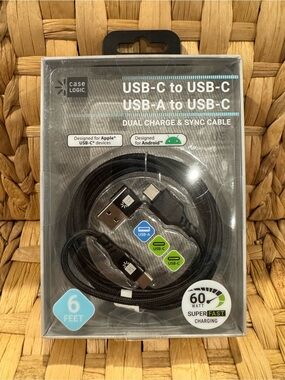 Duel Charging & Sync Cable 6 ft. Black USB-C to USB-C & USB-A to USB-C